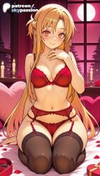 1girls 2026 ai_assisted ai_generated anime artist_name asuna_(sao) breasts bust explicit female female_only garter_belt hi_res high_quality high_resolution highres long_hair moonlight night night_sky on_bed patreon patreon_username petals pillow red_bra red_moon red_panties sky skypassion smile solo stable_diffusion sword_art_online sword_art_online:_alicization underwear valentine's_day valentines_day watermark window yuuki_asuna