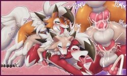 anal anal_sex animal_genitalia animal_penis anthro biped bodily_fluids canine_genitalia canine_penis claws cum cum_in_ass cum_inside dusk_lycanroc erection feral fermusieboir4 fur generation_7_pokemon genital_fluids genitals green_eyes group group_sex hi_res knot lycanroc male male/male midday_lycanroc midnight_lycanroc multicolored_body multicolored_fur nintendo orange_body orange_fur paws penetration penile penile_penetration penis pokemon pokemon_(species) quadruped red_body red_fur sex sheath sound_effects tail text tongue tongue_out train_position trio white_body white_fur white_tail