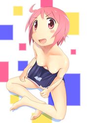 ahoge barefoot blush breasts down_blouse feet female_only looking_at_viewer medium_breasts nipples nonohara_yuzuko one-piece_swimsuit open_mouth pink_hair school_swimsuit schoolgirl short_pink_hair swimsuit swimsuit_pull yuyushiki