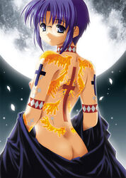 ass back bare_back blue_eyes blue_hair ciel ciel_(tsukihime) cross female_ass from_behind full_moon glasses melty_blood moon nipples nude petals shingetsutan_tsukihime solo tattoo tsukihime type-moon