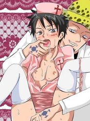 blush doctor_outfit exposed_nipples finger_in_mouth gay hand_tattoo hat headgear legwear male male_only medical monkey_d_luffy nipples nurse_cap nurse_uniform one_piece pink_nurse_outfit scar scar_on_face stockings straight_hair tattoo trafalgar_law white_stockings yaoi