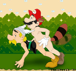 2boys anal animal_ears asterix asterix_and_obelix bara big_nose black_hair blonde_hair bottomless cap celestial crossover eastern_and_western_character facial_hair footwear gay gay_sex gloves half-closed_eyes headgear headwear helmet male male_only mario mario_(series) moustache multiple_males nearly_nude nintendo no_visible_genitalia raccoon_ears raccoon_mario raccoon_tail super_mario_bros._3 tagme tail topless winged_helmet yaoi