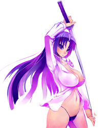 aco_(koaya_ako) breasts huge_breasts katana kurugaya_yuiko little_busters! long_hair midriff navel nipple_slip nipples panties purple_eyes purple_hair shirt sword underwear weapon