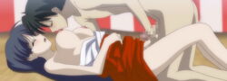 1boy 1girls blush breast_sucking breasts censored female fingering inori_ashikaga itou_makoto long_hair masturbation on_back penis school_days sex shiny_days twintails vaginal_penetration