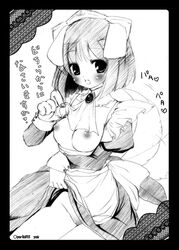 1girls animal_ear blush breasts clothing cute_fang dog_ear dog_tail female large_breasts maid medium_breasts monochrome siesta skirt skirt_lift solo tail translation_request yun_(artist) zero_no_tsukaima