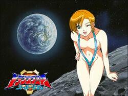 blush breasts earth erect_nipples female green_eyes hand_on_hip happy hips leaning_forward legs moon mound_of_venus nail_polish navel nipples one-piece_swimsuit orange_hair outdoors planet sally_jones short_hair sideboob sling_bikini small_breasts smile solo space star swimsuit transformers transformers_energon transformers_superlink wink