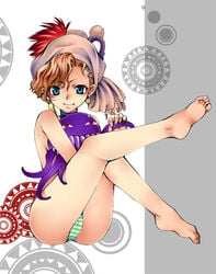 blonde_hair blue_eyes clothing earrings eyeshadow feet female final_fantasy final_fantasy_vi hair hat hochikisu jewelry makeup monster orthros panties relm_arrowny short_hair smile striped striped_panties tentacle ultros underwear