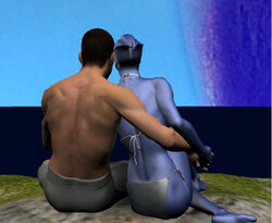 1boy 1girls 3d alien alien_girl asari bed blue_skin commander_shepard cuddling female garry's_mod liara_t'soni lowres male mass_effect sitting_on_bed topless