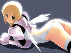 1girls armor ass blonde_hair butt_crack fantasy_earth_zero green_eyes hair hima human lying_down solo thighhighs wings