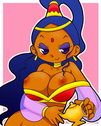 1girls arabian_clothes blue_eyes blue_hair border bottomless_female breasts_out dark-skinned_female earrings facing_viewer forehead_jewel forehead_mark functionally_nude_female gshinobi high_ponytail jewelry karli_(pop'n_music) long_hair looking_at_viewerpurple_eyeshadow magic_lamp medium_breasts out-of-frame_censoring outline outside_border pink_background pop'n_music see-through_sleeves simple_background solo standing tagme upper_body white_border white_outline