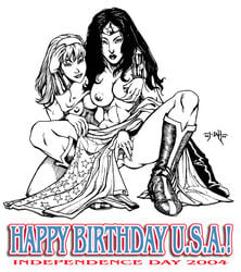 2004 2girls 4th_of_july american_flag cassie_sandsmark dc_comics female female_only flag monochrome multiple_girls tcatt wonder_girl wonder_woman wonder_woman_(series) yuri