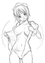 1girls a1 blush breasts clothing female large_breasts monochrome open_clothes open_shirt panties shirt siesta sketch solo underwear undressing zero_no_tsukaima