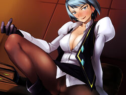 1girls :p ace_attorney blue_eyes blue_hair blush breasts cleavage earrings franziska_von_karma gloves gyakuten_saiban jewelry karuma_mei licking_lips mole no_bra no_panties pantyhose pubic_hair pussy see-through short_hair spread_legs squat squatting tongue undressing yurikawa