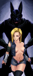 android_18 artist_request bare_shoulders belt blonde_hair blue_eyes breasts cell_(dragon_ball) center_opening color dragon_ball dragon_ball_z earrings female highleg highleg_panties highres imminent_rape jewelry medium_breasts miniskirt open_clothes open_fly open_shirt pink_panties restrained semi-perfect_cell short_hair straight_hair thighhighs topless unbuckled_belt underwear unzipped vest zettai_ryouiki