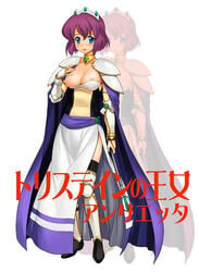 1girls a1 armor blue_eyes blush breasts cape clothing female henrietta_de_tristain large_breasts nipples princess purple_hair scepter short_hair solo stockings zero_no_tsukaima