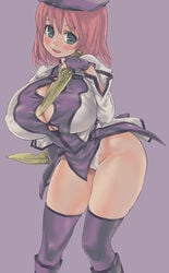 asanagi bb beret blush bottomless breasts bursting_breasts dagger fantasy_earth fantasy_earth_zero fatalpulse green_eyes hat huge_breasts knife lace-trimmed_panties large_breasts panties purple purple_background purple_legwear red_hair scout_(fantasy_earth) smile thighhighs thighs underwear weapon white_panties wide_hips