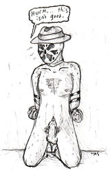 1boy ankles_bound arms_behind_back arms_tied bondage catsketch chest_hair dc_comics erect_nipples erection hat kneeling male_only mask pubic_hair rorschach small_balls small_penis watchmen