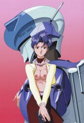 1girls 80s blue_hair breasts brown_eyes bubblegum_crisis dress edit female gun hardsuit human light-skinned_female light_skin looking_at_viewer nipples nude_filter official_art open_clothes power_armor short_hair skirt solo sonoda_ken'ichi sylia_stingray