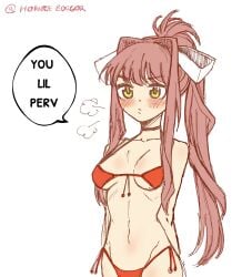 bikini bikini_bottom bikini_top breasts doki_doki_literature_club english_text female green_eyes horneebogor7709 long_hair monika_(doki_doki_literature_club) red_bikini red_bikini_bottom red_bikini_top senukin_(artist) text text_bubble twitter_username white_background