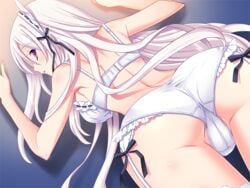 ass clockup game_cg kamiya_maneki lingerie long_hair maid_headdress noblesse_oblige panties purple_eyes tenkawa_yuria white_hair white_panties