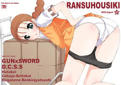 ass bent_over bike_shorts bike_shorts_pull blush braid brown_hair cameltoe cover doujinshi dress dress_lift green_eyes gunxsword hair_bobbles hair_ornament lace-trimmed_panties mifune_yatsune panties panties_under_bike_shorts shirt shorts shorts_pull solo twin_braids underwear wendy_garrett white_panties