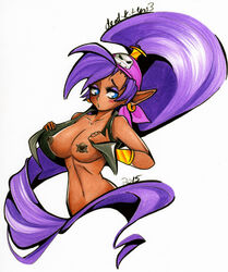 2015 :o alternate_costume bandana blue_eyes blush dark-skinned_female dark_skin dead-kittens3 earring eyeshadow female highres long_hair looking_away makeup navel nipple_piercing open_clothes open_mouth open_vest pointy_ears ponytail purple_hair shantae shantae_(character) smooth_skin solo tied_hair traditional_media very_long_hair vest