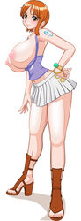 bracelet breasts color female female_only flying_tree_frog footwear hair high_heel_sandals high_heels highres huge_breasts human jewelry nami nami_(one_piece) nipples one_piece orange_hair pre-timeskip sandals shoes side_view skirt smile solo standing tattoo water_7