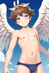 1boy ai_generated angel belly_button brown_hair bulge bulge_through_clothing femboy kid_icarus nipples novelai pit pit_(kid_icarus) swim_briefs swimsuit topless