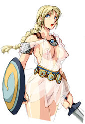 areolae arikawa belt blonde_hair blue_eyes braid breasts covered_nipples erect_nipples female female_only human large_breasts long_hair looking_at_viewer milf nipples open_mouth ponytail see-through shield single_braid solo sophitia_alexandra soul_calibur soul_calibur_iv sword tied_hair weapon