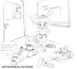 2002 3girls anthro asthexiancal breasts chalkboard classroom cub dildo door empress_frieda english_text female furry indoors lagomorph mammal monochrome nipples panties princess princess_vi rabbit samurai_pizza_cats sex_education short_hair sketch