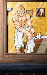 1boy after_shower blush blushing canid canine dog_on_bed domestic_dog drying_off exposed_balls exposed_penis floor_lamp human leg_raised looking_at_viewer looking_through_window male_only manly muscular orange_hair snowy_(the_adventures_of_tintin) solo tagme the_adventures_of_tintin tintin topless towel towel_around_waist uncut unretracted_foreskin voyeur_pov window