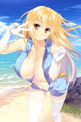 bag bare_shoulders beach blonde_hair blush breasts center_opening chains chains cleavage cum cum_on_body cum_on_breasts cum_on_upper_body elbow_gloves female gloves grass homura_k large_breasts long_hair looking_at_viewer ocean rock sand shokuhou_misaki shoulder_bag sky smile solo thighhighs to_aru_kagaku_no_railgun to_aru_majutsu_no_index v water white_gloves white_legwear yellow_eyes