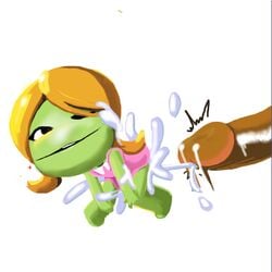 1boy 1girls bent_over blonde_hair cum green_skin human littlebigplanet minus8 penis pink_dress sackgirl size_difference wink