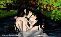 2girls bangs blush closed_eyes female female_only higurashi_kagome hime_cut imminent_kiss inuyasha japanese jojo-kun kagome_higurashi large_breasts lesbian lesbians multiple_girls nipples priestess romantic sango skinny_dipping water wet yuri