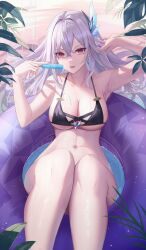 armpit beach belly bikini bottomless eating_ice_cream floatie genshin_impact i_ruru large_breasts lying_on_back navel no_panties on_water one_arm_up plants popsicle saliva skirk_(genshin_impact) slender_waist solo_female summer swimsuit thighs tongue_out water