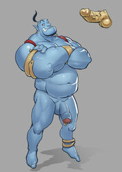 aladdin balls bara belly blue_body disney djinn erect genie genie_(aladdin) grin male male_only muscles navel nude penis solo