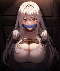 ai_generated big_breasts cleave_gag gag gagged gray_hair hostage long_hair