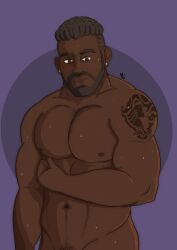 1boy abs baptiste beard bisexual brown_eyes brown_skin dark-skinned_male dark_hair dark_skin earrings flexing gay happy_trail huge_pecs looking_at_viewer looking_down looking_pleasured male_only muscular muscular_male muscular_shoulders naked nipples overwatch overwatch_2 pecs simple_background tattoo tattooed_arm thick_arms