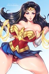 ange1witch black_hair comic dc_comics large_breasts lasso lasso_of_truth pantyshot short_skirt solo wonder_woman wonder_woman_(series)