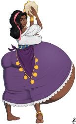 1girls a0iisa barefoot bracelet dark-skinned_female disney earrings esmeralda female_focus full_body green_eyes hi_res huge_ass hyper_belly hyper_pregnancy large_breasts long_hair looking_at_viewer solo tambourine the_hunchback_of_notre_dame