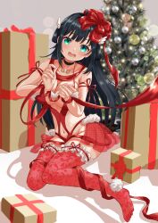 1girls amano_nene_(vtuber) aqua_eyes belly_button black_hair blush breasts christmas christmas_outfit christmas_tree cleavage clothed clothing female female_only gifts hair_ornament huge_breasts indoors light-skinned_female light_skin lingmuuu_(ling☆mu) looking_at_viewer open_mouth production_kawaii red_stockings restrained revealing_clothes skimpy_clothes solo stockings tree virtual_youtuber wrapped wrappings