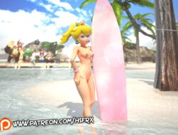 1girls 3d beach blonde_hair blue_eyes breasts crowd crown earrings female female_focus hsfrx jewelry mario_(series) medium_breasts navel nintendo nipples nude outdoors ponytail princess_peach pussy sfm solo_focus standing surfboard tied_hair water white_skin wristband