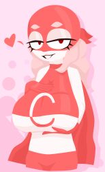 2023 big_breasts cape clothed crousbloungs heart heroine masked_female pink_hair saucepesto simple_background smug smug_face superhero_costume tagme