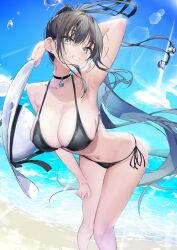 armpits beach beach_hat bell_collar bent_over bikini black_hair gradient_eyes gyoku_seisyoku hand_on_thigh hat_removed huge_breasts long_hair nail_polish ocean one_arm_up painted_nails skindentation smile star-shaped_pupils sun sunlight swimsuit