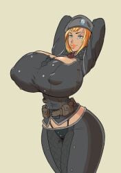 1girls 2d 2d_(artwork) arms_up big_breasts big_lips black_eyebrows blonde_female blonde_hair blonde_hair_blue_eyes blonde_hair_female blue_eyes boob_window cleavage digital_drawing_(artwork) digital_media_(artwork) female huge_breasts light-skinned_female light_skin military military_uniform nipples nipples_visible_through_clothing scar scarred_face short_hair simple_background solo solo_female the_varking thick_thighs tiny_waist