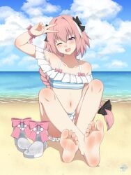 1femboy anime anime_eyes anime_style astolfo_(fate) beach black_bow bow braided_hair crop_top dirty_shoes fate_(series) femboy foot_fetish footprint_on_sandals high_heels lululewd male_focus male_only ocean open_mouth pink_bow pink_eyes posing posing_for_the_viewer sandals shoe_fetish shoes sitting skirt sweatprint white_shoes white_skirt