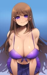 1girls big_breasts bikini blanc_illust breasts brown_hair degrees_of_lewdity female female_focus female_only huge_breasts long_hair looking_at_viewer looking_down purple_bikini purple_eyes purple_swimsuit smiling solo solo_female solo_focus swimsuit