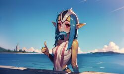 1girls ai_generated blue_hair blue_submarine_no._6 breasts female fish grey_hair humanoid long_hair looking_at_viewer marine monster_girl mouth_hold mutio navel ocean pointy_ears red_eyes yellow_skin