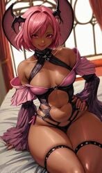 ai_generated big_ass blackwashed clothing dark_skinned_female darkstalkers head_wings huge_hips lilith_aensland pear_shape pink_hair short_hair small_boobs small_breasts succubus thick_thighs wide_hips