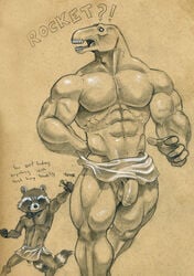 2019 5_fingers abs absurd_res alien anthro assisted_exposure balls beta_ray_bill biceps brown_background closed_eyes dialogue duo english_text fingers flaccid front_view graphite_(artwork) guardians_of_the_galaxy hi_res humanoid_penis korbinite larger_male male male_only mammal marvel monochrome muscular muscular_male obliques open_mouth pecs pencil_(artwork) penis procyonid quads raccoon ribs rocket_raccoon sepia serratus serratus_anterior simple_background size_difference smaller_anthro smaller_male smile smirk standing teeth text towel towel_only traditional_media_(artwork) triceps tush uncut vein veiny_muscles veiny_penis